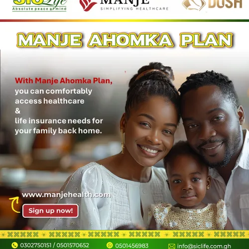 With Manje Ahomka Plan,you can comfortably access healthcare & life insurance needs for your family back home.