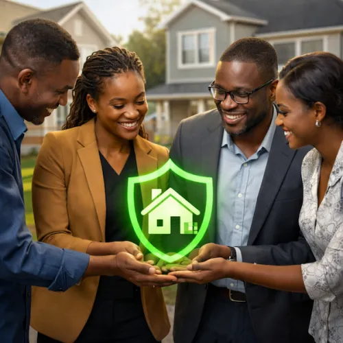 a group of professionals holding up their home